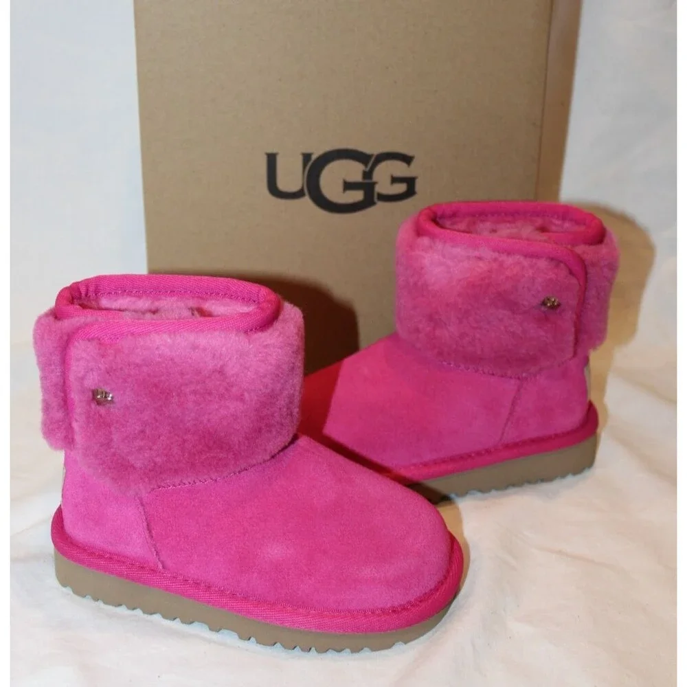 UGG MINI JONI SHEARLING‎ CUFF SUEDE BOOTS DNY FUSCHIA PINK NEW 7 TODDLER $115